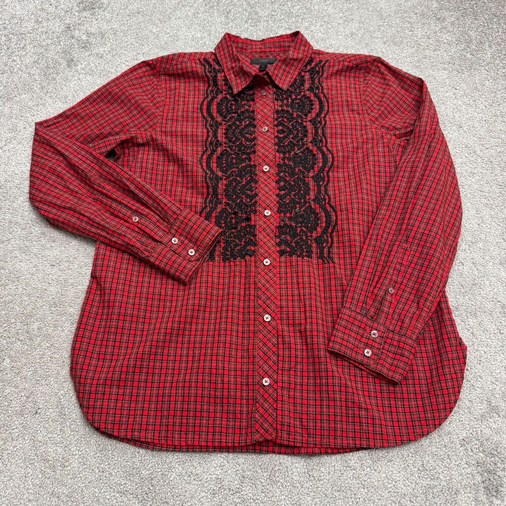 J.Crew Tartan Plaid Beaded Embroidered Button Down Shirt Womens 12 Red Cotton